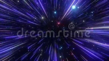抽象超空间背景。 光的速度，霓虹发光的光线和恒星的运动。 深蓝色版本。 穿过星星。 4k